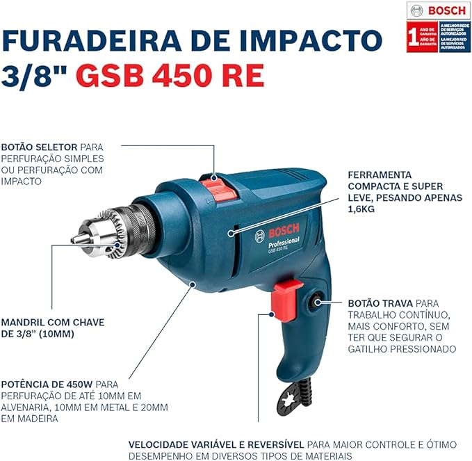 FURADEIRA IMPACTO GSB 450RE 3/8 (450W) C/ 3 BROCAS 127V E 220V