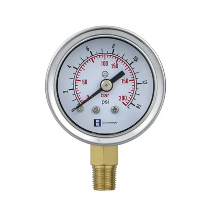 Manômetro Inox 2.1/2" (63MM) - Rosca 1/4" Macho NPT - Saída inferior (vertical) - 0-14 Bar / 0- 200 Psi - Com glicerina